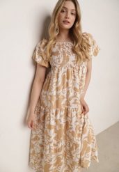 Beżowa Rozkloszowana Sukienka z Wiskozy z Bufiastymi Rękawami w Roślinny Wzór Semea. Brązowe sukienki damskie Born2be, bez wzorów, z materiału, biznesowe, bez ramiączek. Za 89.99 zł.