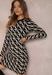 Czarno-Beżowa Sukienka Dzianinowa w Geometryczny Wzór Chlaria. Czarne sukienki damskie Renee, bez wzorów, z dzianiny, eleganckie, bez ramiączek. W wyprzedaży za 95.99 zł.