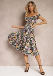 Czarno-Żółta Sukienka z Gumką w Pasie na Ramiączkach z Falbankami w Kwiaty z Ozdobnymi Guzikami Arcovia. Czarne sukienki damskie Renee, bez wzorów, bez ramiączek. Za 59.99 zł.