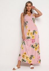 Różowa Rozkloszowana Sukienka w Kwiaty z Wiązaniami na Ramionach Saloa. Czerwone sukienki damskie Born2be, z aplikacjami, z jeansu, eleganckie, bez ramiączek. W wyprzedaży za 33.99 zł.
