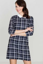 Czarna Prosta Sukienka w Kratę z Kołnierzykiem. Czarne sukienki damskie Katrus, bez wzorów, bez ramiączek. Za 239.00 zł.