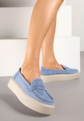 Niebieskie Mokasyny na Grubej Podeszwie z Wkładką ze Skóry Naturalnej Polvia. Niebieskie mokasyny damskie Renee, z jeansu, bez obcasa. Za 159.99 zł.