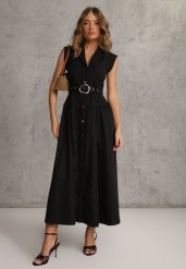 Czarna Sukienka Koszulowa Bez Rękawów z Paskiem i Metaliczną Klamrą Thespiphia. Czarne sukienki damskie Renee, bez wzorów, bez ramiączek. Za 189.99 zł.