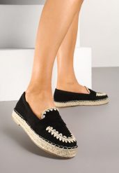 Czarne Espadryle z Haftem na Podeszwie z Plecionki Taslexia. Czarne espadryle damskie Renee, bez wzorów, z koronki, bez obcasa, na płaskiej podeszwie. Za 79.99 zł.