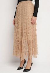 Brązowa Rozkloszowana Spódnica z Półtransparentnego Materiału z Ozdobnym Tłoczeniem Zerivra. Brązowe spódnice damskie Born2be, na co dzień, l, bez wzorów, eleganckie, maxi. Za 84.99 zł.
