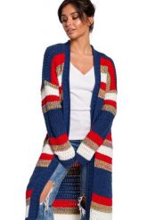 Długi sweter w kolorowe pasy kardigan narzutka z modnym splotem. Kardigany damskie Sukienki.shop, l, bez wzorów, z jeansu. Za 309.00 zł.