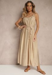 Beżowa Wiskozowa Sukienka Boho na Wiązanych Ramiączkach z Paskiem z Plecionki Miratera. Brązowe sukienki damskie Renee, bez wzorów, z materiału, boho, bez ramiączek. W wyprzedaży za 119.99 zł.