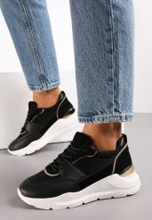 Czarne Sneakersy na Platformie z Tłoczoną i Metaliczną Wstawką z Tyłu Biorli. Czarne obuwie sportowe damskie Renee, ze skóry, bez zapięcia. Za 59.99 zł.