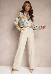 Jasnobeżowe Spodnie z Wiskozą o Szerokim Kroju High Waist z Paskiem Mavalise. Brązowe spodnie materiałowe damskie Renee, bez wzorów, z jeansu. Za 79.99 zł.