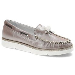 Mokasyny damskie Simen, wsuwane ze miękkiej naturalnej skóry licowej, pudrowe metaliczne, 750-Mell-Pudr-Metalik-Liv-13018. Czerwone mokasyny damskie Simen, z nubiku, bez obcasa. Za 209.00 zł.
