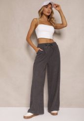 Szare Spodnie o Szerokim Kroju High Waist z Wiązaniem w Pasie Ettianne. Szare spodnie materiałowe damskie Renee, bez wzorów, z jeansu. Za 44.99 zł.