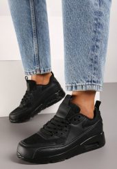 Czarne Sneakersy z Ekoskóry ze Sznurowaniami i Podeszwą Typu Air Walana. Czarne obuwie sportowe damskie Renee, z materiału, bez zapięcia. Za 79.99 zł.