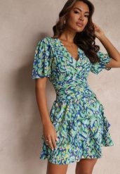 Niebieska Sukienka Mini z Gumkami w Talii i Ozdobnym Marszczeniem Veerisa. Niebieskie sukienki damskie Renee, bez wzorów, eleganckie, bez ramiączek. Za 159.99 zł.
