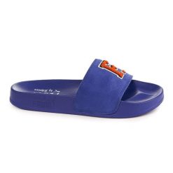 Klapki Fenty x Puma z niebieskiej skóry, styl casual beach, flatform. Niebieskie klapki damskie Puma, bez wzorów, z materiału, bez obcasa, bez zapięcia. Za 288.99 zł.