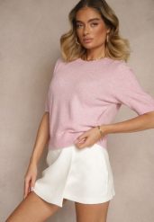 Różowy Sweter z Wełną Krótkim Rękawem Ozdobiony Ściągaczami Emiralin. Czerwone swetry klasyczne damskie Renee, uniwersalny, z jeansu, bez kołnierzyka. Za 99.99 zł.