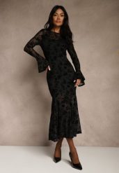 Czarna Koktajlowa Sukienka VICES z Siateczki z Welurowym Wzorem Fyreleva. Czarne sukienki damskie Renee, bez wzorów, z weluru, bez ramiączek. Za 159.99 zł.