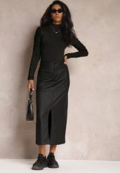 Czarna Spódnica Zapinana na Zamek z Kieszeniami i Guzikiem o Dopasowanym Fasonie Bahar. Czarne spódnice damskie Renee, m, bez wzorów, eleganckie, maxi. Za 79.99 zł.