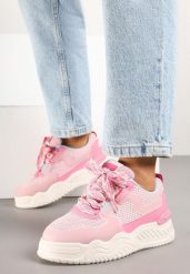 Różowe Sneakersy na Grubej Podeszwie Ozdobione Tłoczeniem Nilanne. Czerwone obuwie sportowe damskie Born2be, z jeansu, bez zapięcia, trekkingowe. Za 99.99 zł.