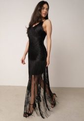 Czarna Wieczorowa Sukienka na Ramiączkach z Ozdobnymi Frędzlami Vilinania. Czarne sukienki damskie Born2be, bez wzorów, eleganckie, bez ramiączek. Za 259.99 zł.