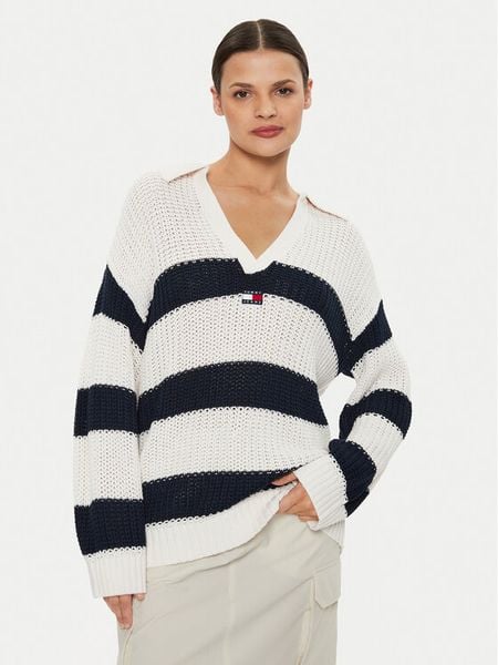 Tommy Jeans Sweter Rugby DW0DW18523 Écru Relaxed Fit. Swetry klasyczne damskie Tommy Jeans, s, z jeansu, bez kołnierzyka. Za 289.99 zł.