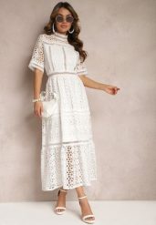 Biała Rozkloszowana Sukienka Maxi Ażurowa z Falbanką Ranilette. Białe sukienki damskie Renee, w ażurowe wzory, eleganckie, bez ramiączek. W wyprzedaży za 151.99 zł.