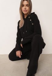 Czarny Komplet Dresowy Bluza z Kapturem z Ozdobnymi Guzikami i Spodnie Eborissa. Czarne bluzy damskie Born2be, l, bez wzorów, z dresówki, z kapturem. Za 169.99 zł.