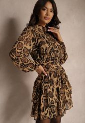 Brązowa Rozkloszowana Sukienka z Falbanami i Stójką w Panterkowy Print Rinnovia. Brązowe sukienki damskie Renee, bez wzorów, eleganckie, bez ramiączek. W wyprzedaży za 119.99 zł.
