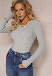 Szary Sweter z Prążkowanej Dzianiny i Guzikami Amillian. Szare swetry klasyczne damskie Renee, l, z bawełny, bez kołnierzyka. Za 59.99 zł.