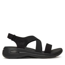 Sandały Skechers. Czarne sandały damskie Skechers, bez wzorów, bez obcasa, na koturnie, bez zapięcia. Za 219.99 zł.