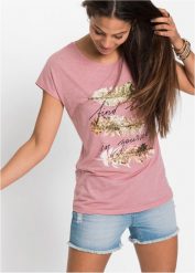 T-shirt z brokatowym nadrukiem. Czerwone t-shirty damskie bonprix, bez wzorów, bez kołnierzyka. Za 59.99 zł.