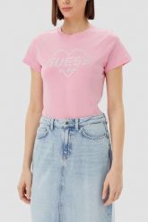 GUESS Różowy damski t-shirt Narciso. Czerwone t-shirty damskie Guess, s, z aplikacjami, bez kołnierzyka. W wyprzedaży za 99.99 zł.