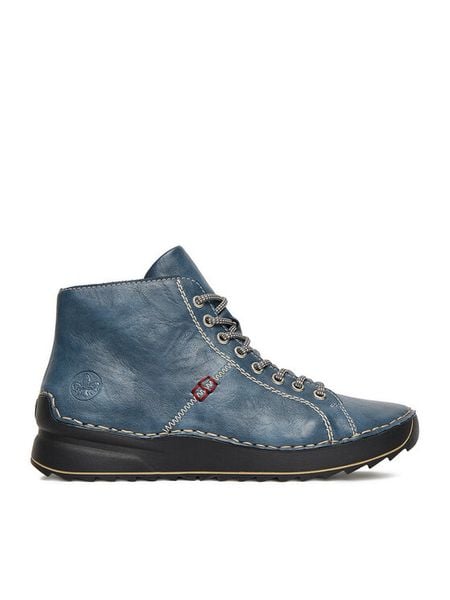 Rieker Trzewiki 71510-14 Niebieski. Niebieskie botki damskie Rieker, z materiału, bez obcasa, na płaskiej podeszwie, bez zapięcia. Za 269.99 zł.