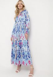 Niebieska Sukienka Maxi z Wzorem Etno i Gumką w Talii Junimiza. Niebieskie sukienki damskie Born2be, bez wzorów, etno, bez ramiączek. W wyprzedaży za 135.99 zł.