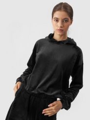 4F Bluza welurowa z materiału z recyklingu damska - czarna S. Czarne bluzy damskie 4F, l, bez wzorów, z dresówki, z kapturem. Za 179.99 zł.