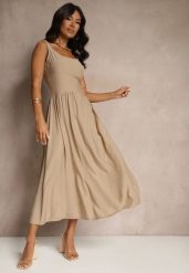Ciemnobeżowa Rozkloszowana Sukienka z Wiskozy Milunisa. Brązowe sukienki damskie Renee, bez wzorów, z jeansu, eleganckie, bez ramiączek. W wyprzedaży za 75.99 zł.
