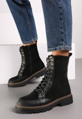 Czarne Sznurowane Płaskie Botki w Stylu Workerów Evalria. Czarne botki damskie Born2be, z wełny, eleganckie, bez obcasa, na obcasie, bez zapięcia. Za 209.99 zł.