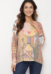 Pomarańczowa Bluzka Ozdobiona Abstrakcyjnym Motywem i Metaliczną Nitką Firidra. Brązowe bluzki damskie Born2be, bez wzorów, z jeansu, klasyczne, bez kołnierzyka, bez ramiączek. Za 64.99 zł.