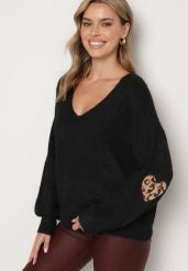 Czarny Sweter z Wełną i Ozdobnymi Naszywkami na Łokciach Norethra. Czarne swetry klasyczne damskie Born2be, na zimę, uniwersalny, z jeansu, bez kołnierzyka. Za 129.99 zł.