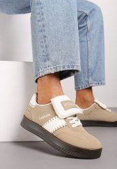 Ciemnobeżowe Sneakersy na Platformie z Kontrastującymi Detalami i Wywiniętym Językiem Amirila. Brązowe obuwie sportowe damskie Renee, z materiału, bez zapięcia. Za 69.99 zł.