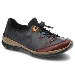 Granatowe Półbuty Rieker Wygodne Buty Damskie. Niebieskie półbuty damskie Rieker, bez wzorów, z materiału, bez obcasa, na płaskiej podeszwie, bez zapięcia. Za 297.99 zł.