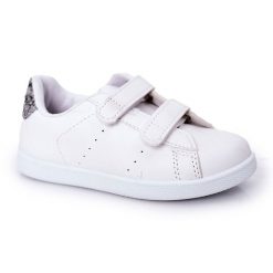 Dziecięce Tenisówki Na Rzepy Biało-Srebrne Cute Girl białe. Białe trampki dziewczęce bez wzorów, ze skóry, bez zapięcia. Za 112.88 zł.