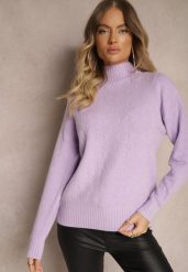 Fioletowy Golf Sweter z Tłoczeniem i Ściągaczami Melovira. Fioletowe golfy damskie Renee, bez wzorów, bez ramiączek. Za 99.99 zł.