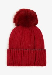 Bordowa Czapka Beanie Ozdobiona Metaliczną Nicią i Pomponem Delasirra. Czerwone czapki damskie Renee, bez wzorów, z jeansu. Za 34.99 zł.