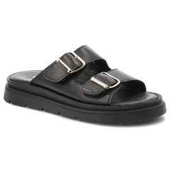 Czarne Klapki Armodo Modne Obuwie Damskie Ze Skóry Naturalnej. Czarne klapki damskie Armodo, bez wzorów, ze skóry, bez obcasa, bez zapięcia. Za 299.00 zł.