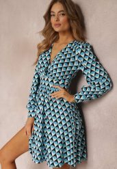 Niebieska Sukienka Mini w Geometryczny Wzór z Długim Rękawem Ezrie. Niebieskie sukienki damskie Renee, bez wzorów, bez ramiączek. W wyprzedaży za 127.99 zł.