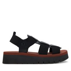 Sandały Fly London. Czarne sandały damskie Fly London, bez wzorów, bez obcasa, na koturnie, bez zapięcia. Za 309.99 zł.