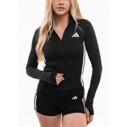 Bluza damska adidas Workout Essentials 3-Stripes Zip Through. Czarne bluzy damskie Adidas, bez wzorów, z elastanu, bez kaptura. Za 200.99 zł.