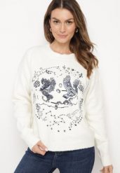Jasnobeżowy Sweter z Ozdobnym Haftem z Przodu Minavira. Brązowe swetry klasyczne damskie Born2be, uniwersalny, z jeansu, bez kołnierzyka. Za 159.99 zł.