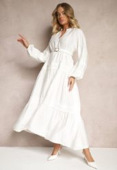Biała Wiskozowa Sukienka Ozdobiona Koronką Nelanira. Białe sukienki damskie Renee, z aplikacjami, z jeansu, eleganckie, bez ramiączek. W wyprzedaży za 127.99 zł.