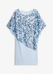 Sukienka koktajlowa z narzutką z cekinami. Niebieskie sukienki damskie bonprix, bez wzorów, bez ramiączek. Za 329.99 zł.